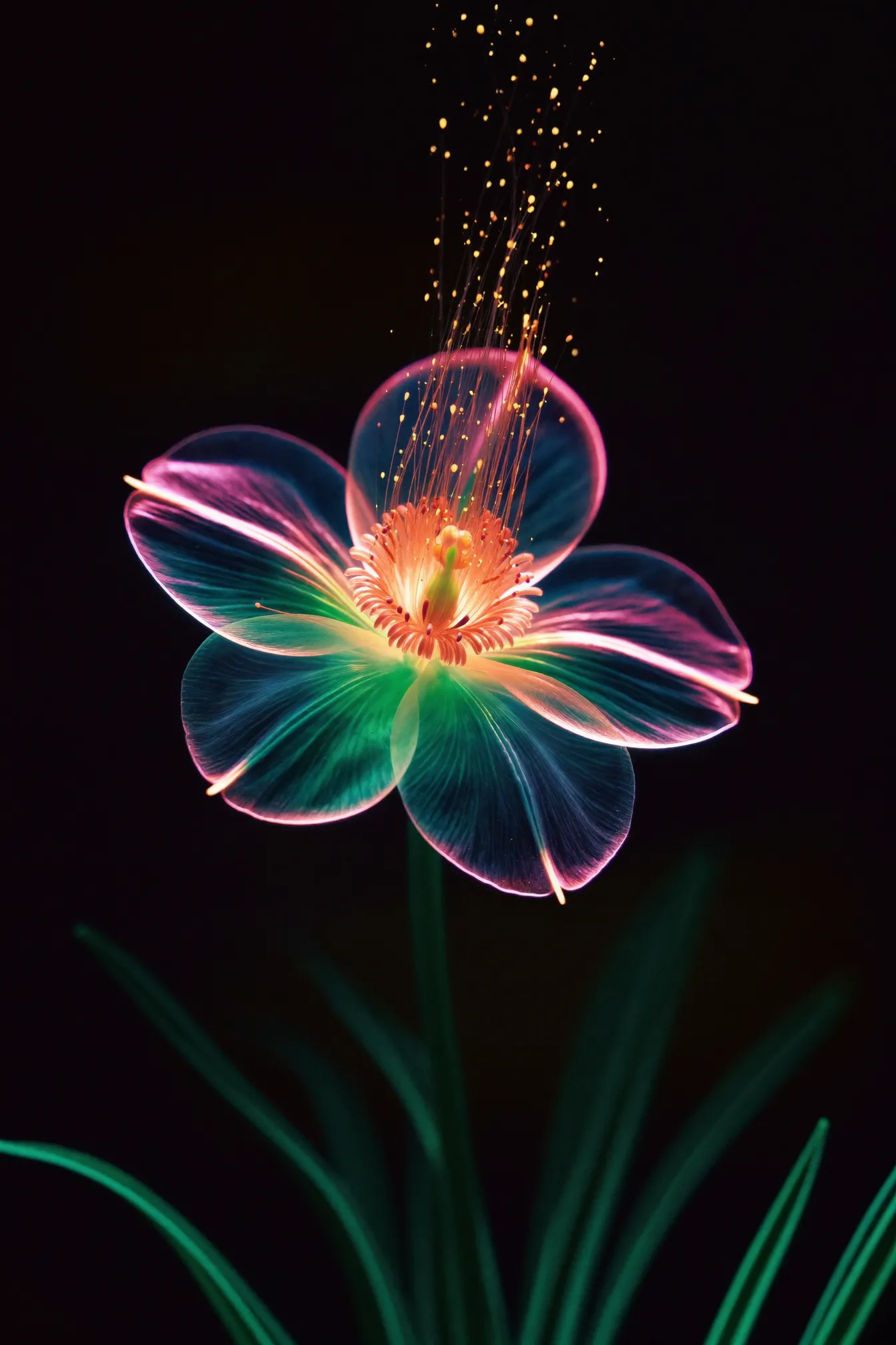 A translucent flower glowing pink, green and violet, releasing sparks of golden pollen into darkness.