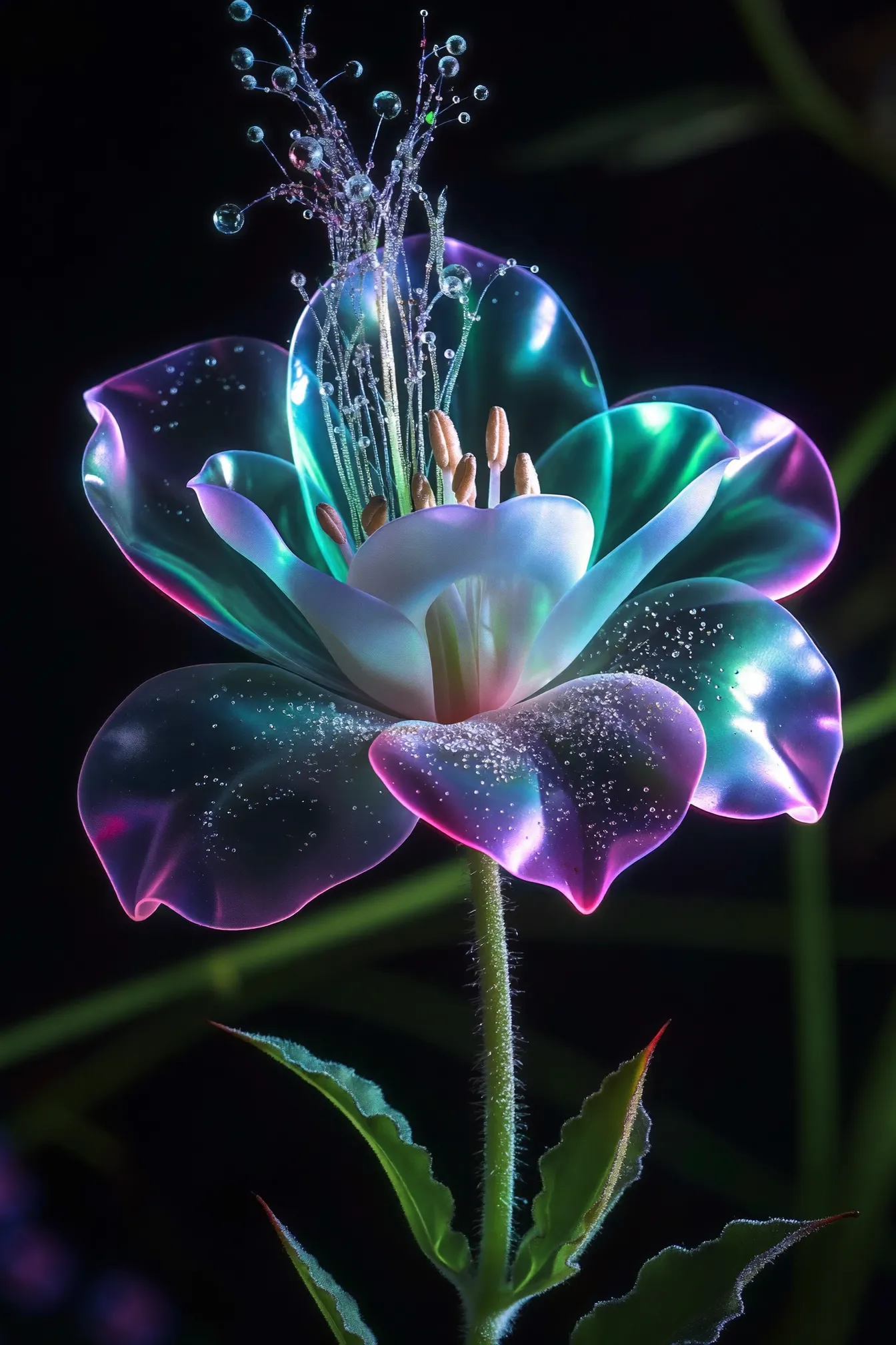 An iridescent glass-like flower with dewdrops, petals shifting between teal, violet and rose.