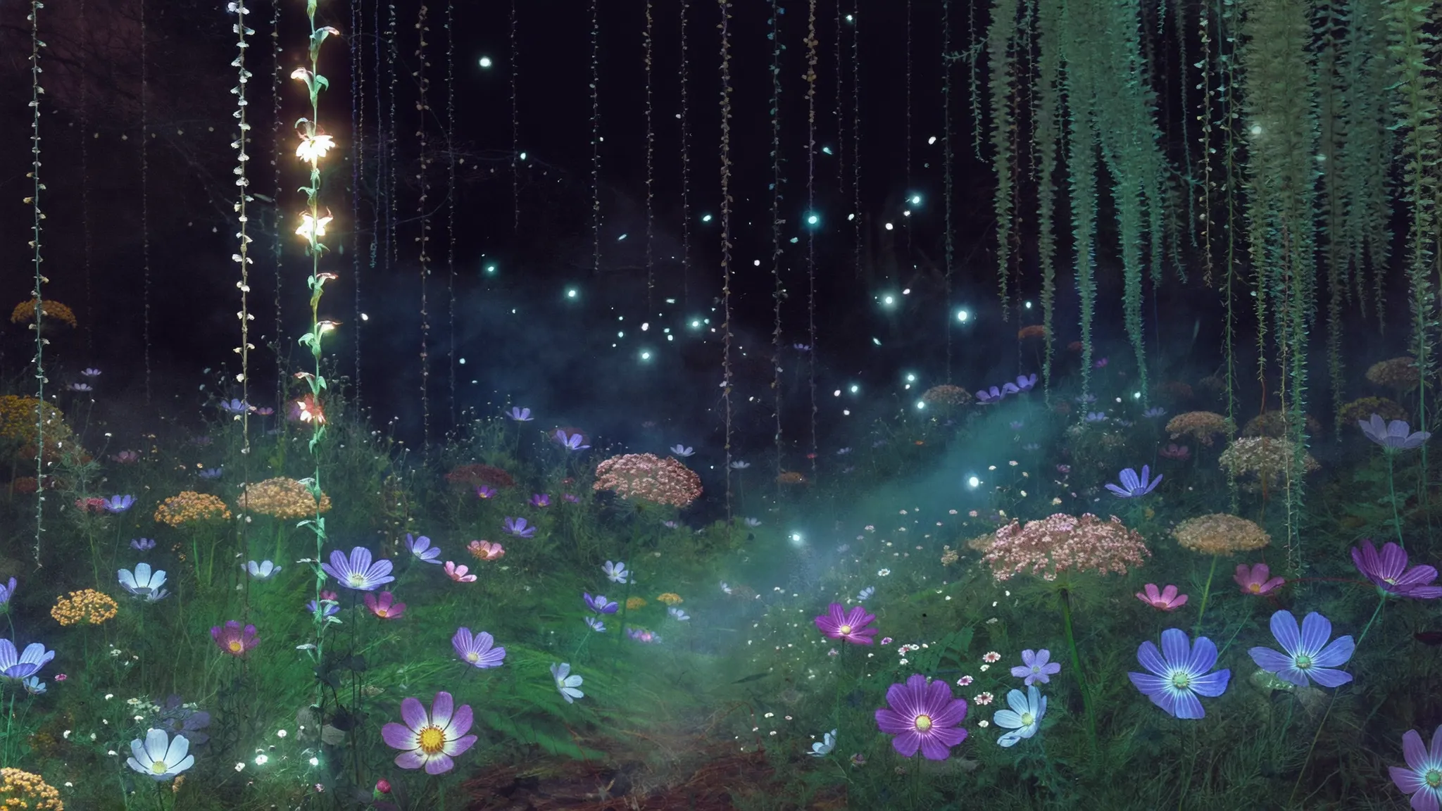 A night meadow of pale glowing cosmos flowers beneath hanging vines and drifting motes of light.